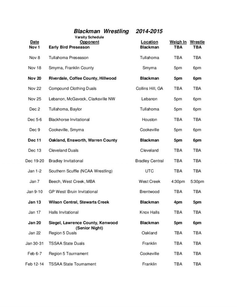 Schedule 1415 Blackman Wrestling Murfreesboro, TN